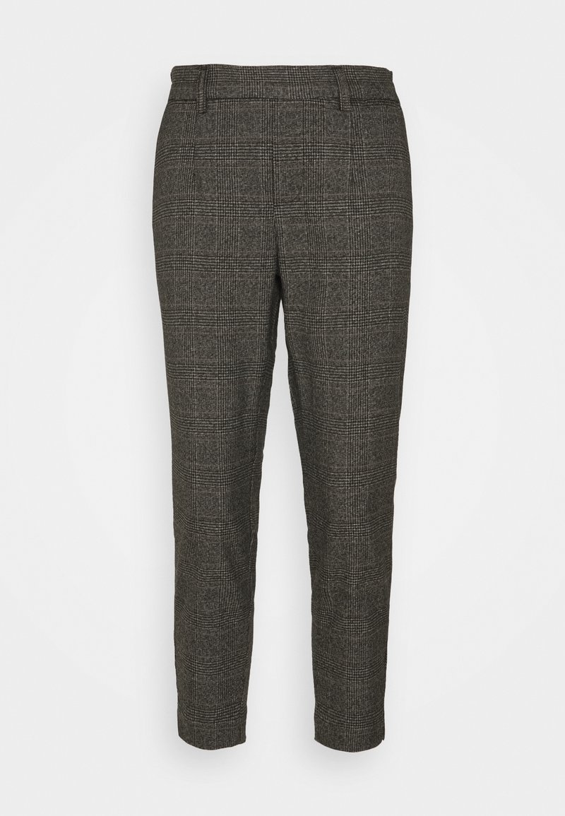 Dunkelgraue karierte Tailored-Hosen mit Gürtelschlaufen und einer schmalen, leicht taillierten Passform vor einem einfarbigen Hintergrund.