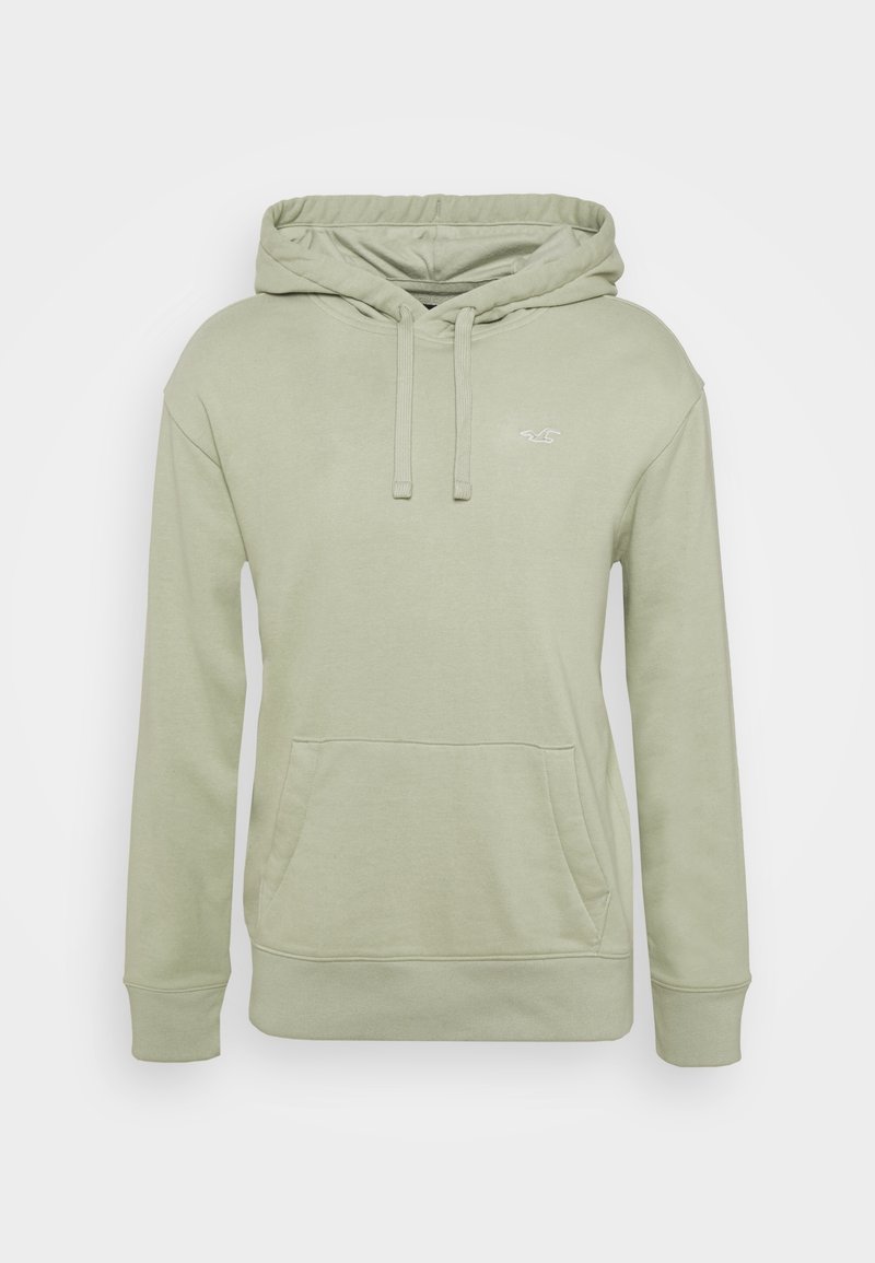Sudadera verde claro hecha de tejido suave, con un bolsillo tipo canguro, capucha con cuerda ajustable y un pequeño logo en el pecho. Mangas largas y puños de canalé.