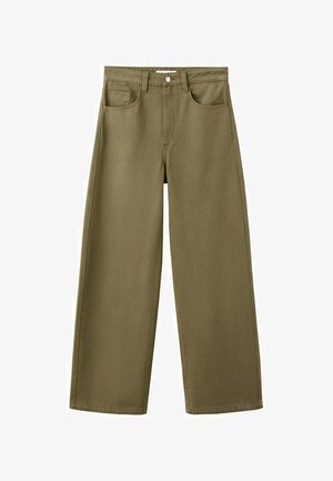 Szerokie spodnie o oliwkowo-zielonym kolorze z kieszeniami z przodu i z tyłu, szlufkami na pasek oraz zapięciem na guzik w pasie.