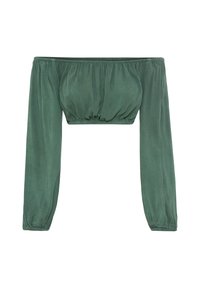 Blusa de ombros à mostra, com mangas longas, em um tecido texturizado verde profundo; apresenta punhos elásticos e um corpete franzido para um silhueta ajustada.