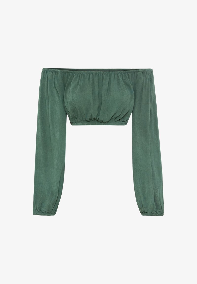 Blusa de ombros à mostra, com mangas longas, em um tecido texturizado verde profundo; apresenta punhos elásticos e um corpete franzido para um silhueta ajustada.