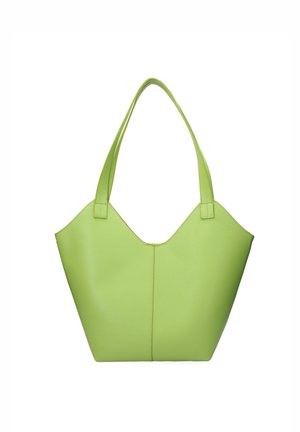 Hellgrüne Ledertasche mit zwei Schulterriemen und leicht geschwungenem oberen Rand, vor weißem Hintergrund präsentiert.