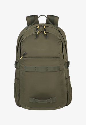 Olijfgroene rugzak van duurzaam materiaal, met een ritsvak voorop, verstelbare gewatteerde schouderbanden en externe zakken met gespdetails.