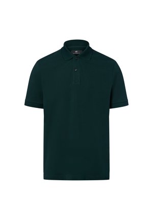 Dunkelgrünes Poloshirt aus einem glatten Baumwollmix. Mit klassischem Kragen, zweiknöpfiger Knopfleiste und kurzen Ärmeln. Keine sichtbaren Muster.