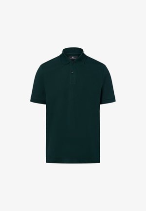 Ciemnozielona koszulka polo wykonana z gładkiej mieszanki bawełny. Posiada klasyczny kołnierzyk, zapięcie na dwa guziki oraz krótkie rękawy. Brak widocznych wzorów.