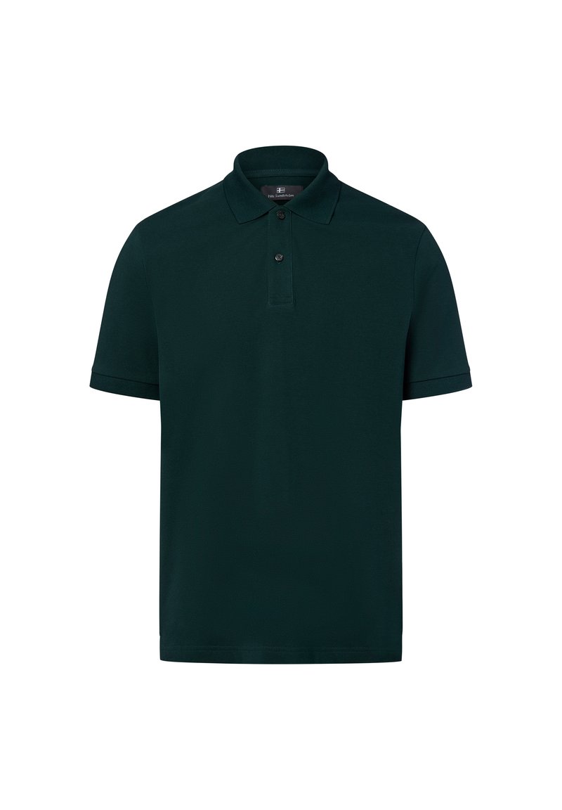 Ciemnozielona koszulka polo wykonana z gładkiej mieszanki bawełny. Posiada klasyczny kołnierzyk, zapięcie na dwa guziki oraz krótkie rękawy. Brak widocznych wzorów.