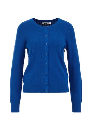 Blaues gestricktes Cardigan mit rundem Halsausschnitt, Knopfverschluss und strukturiertem Muster. Lange Ärmel mit gerippten Bündchen und Saum.