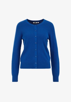 Cardigan en tricot bleu avec un col rond, fermeture à boutons, et un motif texturé. Manches longues avec des poignets et un ourlet côtelés.