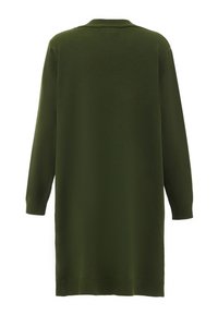 Cardigan a maniche lunghe di colore verde oliva con colletto, caratterizzato da una linea retta, orlo a costine e texture liscia. Senza chiusure visibili.