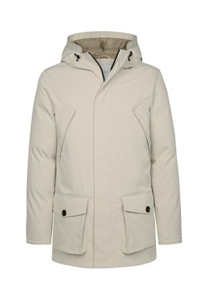 Lichtbeige waterdichte jas met capuchon, voorzien van een ritsluiting, zijzakken en contrasterende zwarte accenten op de rits en knopen.