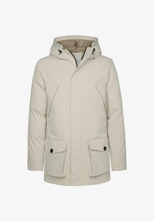 Giacca impermeabile di un beige chiaro con cappuccio, dotata di chiusura a zip, tasche laterali e accenti neri a contrasto sulla zip e sui bottoni.