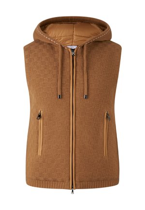 Bruine hoodie vest met een textuurpatroon, voorzien van ritszakken aan de zijkanten, een centrale ritssluiting en contrasterende voering.