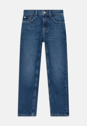 Blauwe denim jeans met rechte pijpen, een taille met middenhoogte, sluiting met knoop en rits aan de voorkant, en een ontwerp met vijf zakken.