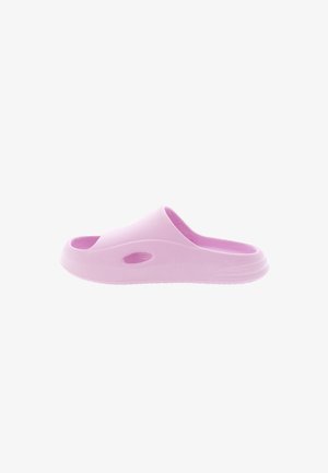 Ciabatta slide rosa chiaro realizzata in plastica liscia, con una forma sagomata, punta aperta e fori laterali per la ventilazione e traspirabilità.