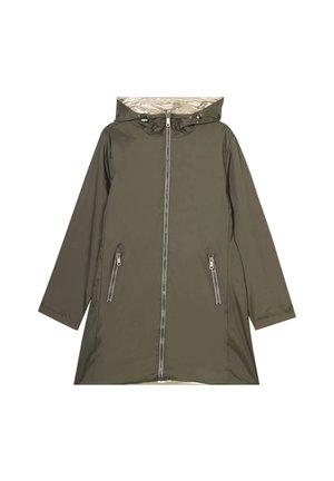 Olive green waterproof coat with a hood, silver lining, front zipper, and two zippered side pockets; smooth texture and relaxed fit.
