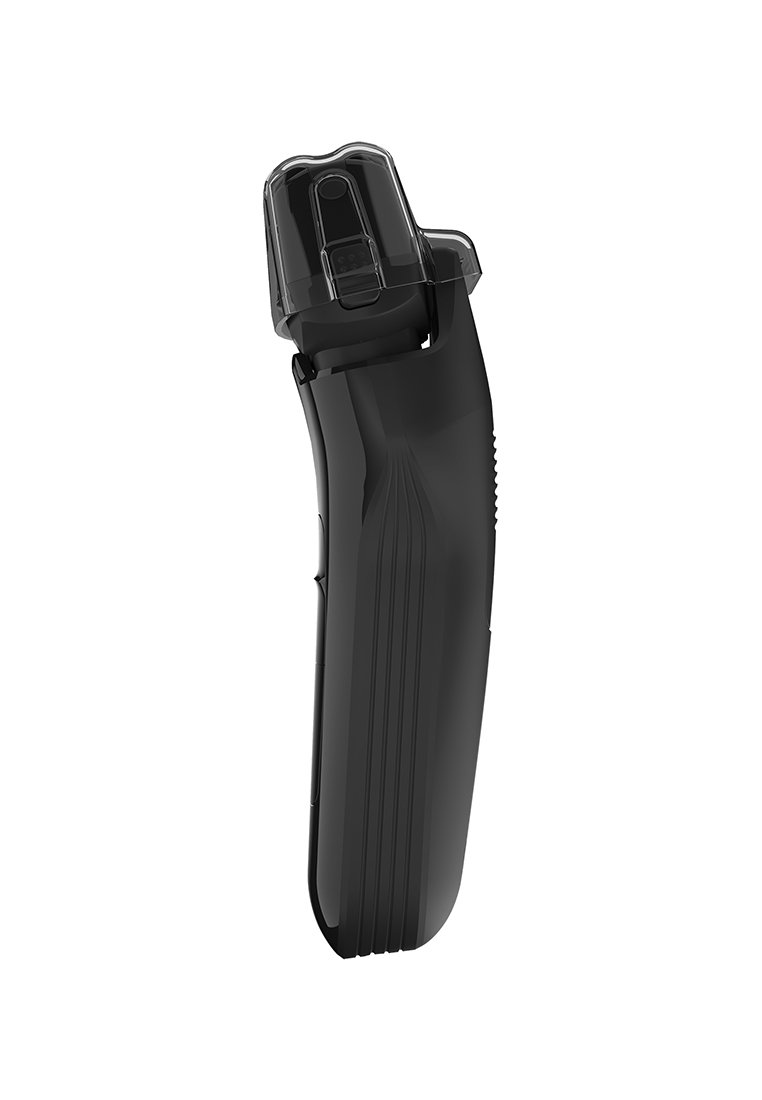Schwarzes tragbares Gerät mit einem glatten, geschwungenen Gehäuse, strukturiertem Griff und einem transparenten oberen Teil. Verfügt über ein ergonomisches Design für eine einfache Handhabung.