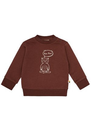 Felpa marrone in morbido tessuto con collo a coste. Presenta un'illustrazione di un gufo bianco e la scritta "Hoo Hoo!" sopra di esso.