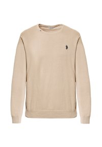 Maglione beige realizzato in morbido tessuto a maglia, con collo rotondo, polsini e orlo a costine, dotato di un piccolo logo scuro sul petto.