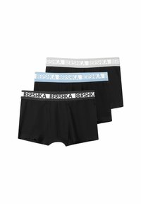 Tri pari črnih bokseric z elastičnimi pasovi. Pasovi imajo belo in eno svetlo modro "Bershka" logotip. Gladko blago.