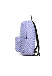 Purple checkerboard backpack with black straps, zip compartments, and a side pocket. Fabric is smooth with a lightweight design.