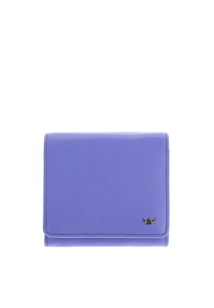 Portefeuille compact en cuir lavande plié avec coutures visibles et petit logo métallique en forme de corne en bas à droite.