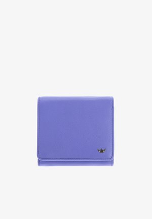 Portefeuille compact en cuir lavande plié avec coutures visibles et petit logo métallique en forme de corne en bas à droite.