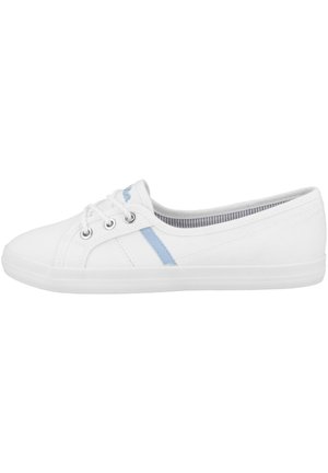 Weiße Leinenschuhe mit hellblauen Akzenten, runder Zehenpartie und Schnürdesign. Verfügt über eine Gummisohle und ein gestreiftes Innenfutter.