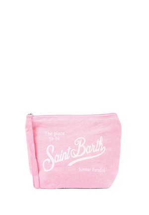 Bustina rosa con cerniera e testo bianco "The place to be Saint Barth Summer Paradise" sul davanti, realizzata in tessuto morbido.