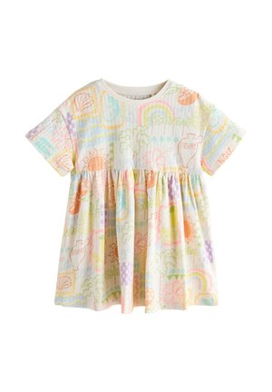 Robe bébé blanche à manches courtes avec taille froncée et imprimés tropicaux et arc-en-ciel pastel comprenant soleil, feuilles et coquillages.