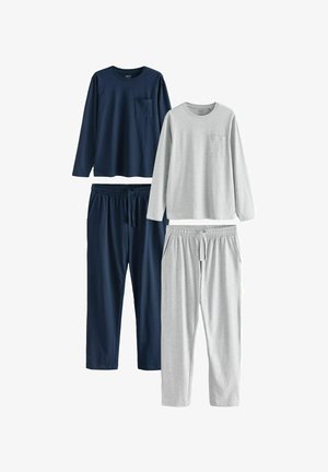 Zwei Sätze Loungewear: einer in Grau und einer in Marineblau. Jeder Satz umfasst ein langärmeliges Oberteil mit einer Tasche und passende Hosen mit elastischem Bund.