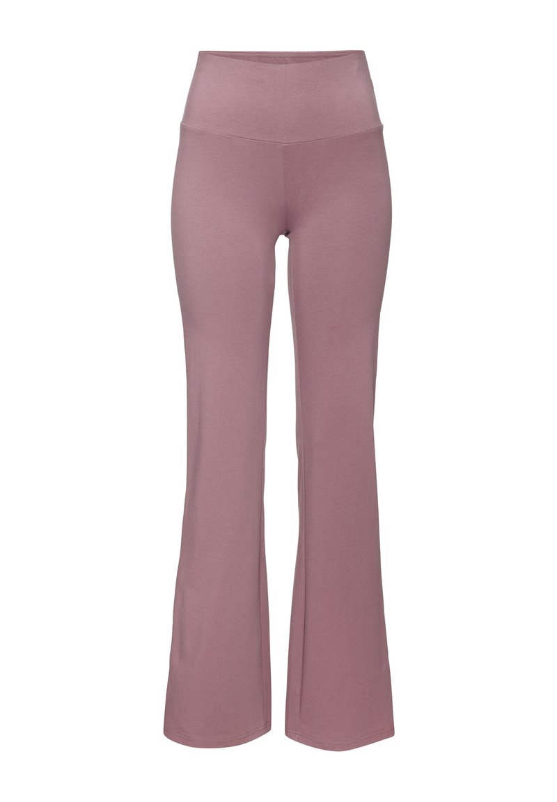 Pink, high-waisted flared pants made of soft, stretchy material, featuring a smooth texture and seamless construction.