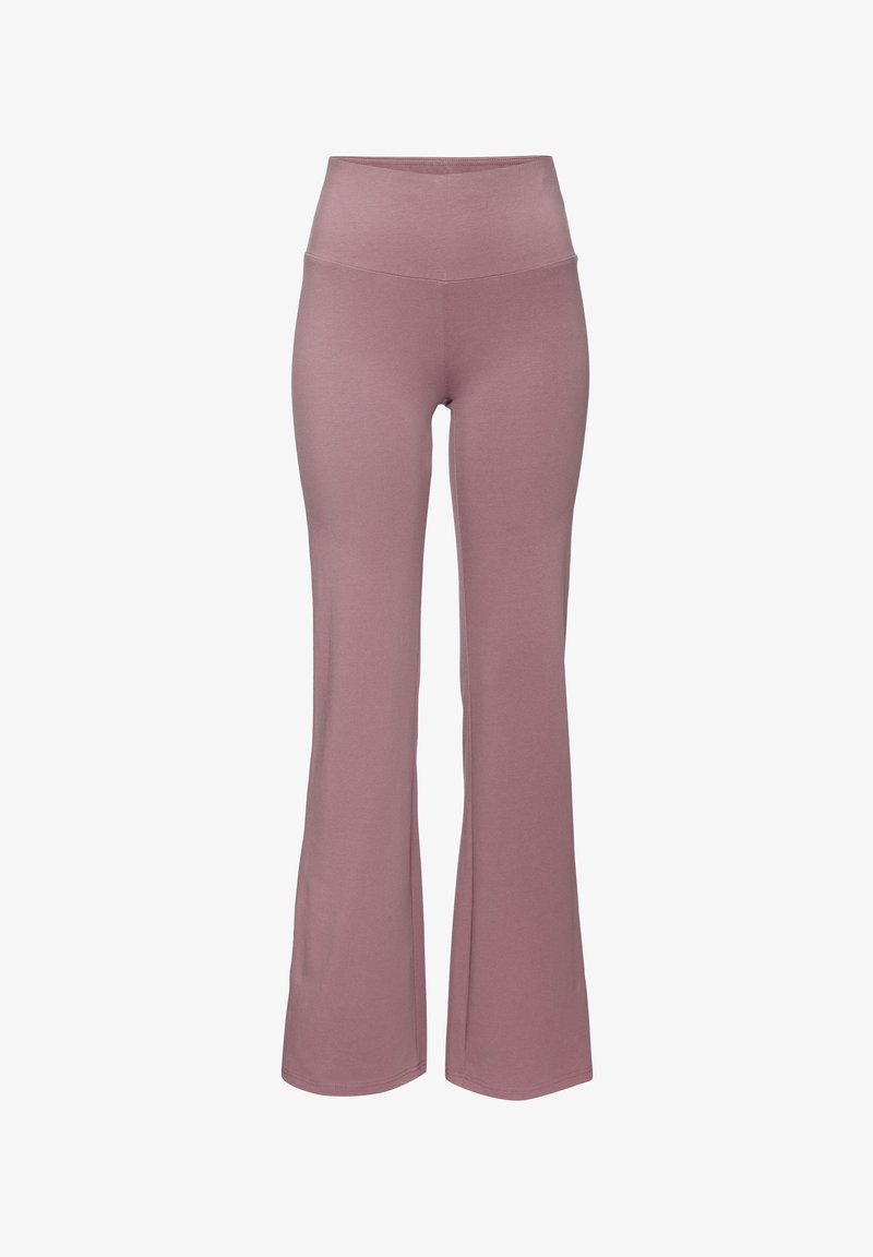 Pink, high-waisted flared pants made of soft, stretchy material, featuring a smooth texture and seamless construction.