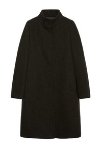 Abrigo de lana verde oscuro con cuello alto, corte recto, dos bolsillos laterales y textura de espina de pescado. Diseño minimalista sin cierres visibles.