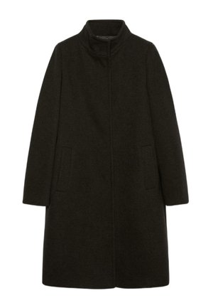 Dunkelgrüner Wollmantel mit hohem Kragen, geradem Schnitt, zwei Seitentaschen und Fischgrätenstruktur. Minimalistisches Design ohne sichtbare Verschlüsse.