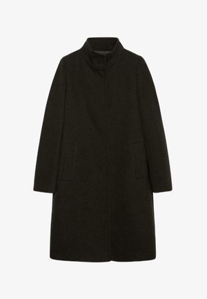 Dunkelgrüner Wollmantel mit hohem Kragen, geradem Schnitt, zwei Seitentaschen und Fischgrätenstruktur. Minimalistisches Design ohne sichtbare Verschlüsse.