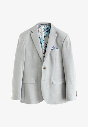 Hellgrauer Herrenblazer mit Ein-Knopf-Verschluss, Revers mit Kerb, vorderen Klappentaschen und floral gemustertem Innenfutter sowie Einstecktuch.