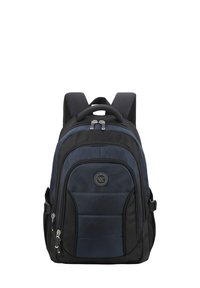 Backpack in navy and black fabric, featuring padded shoulder straps, zipper closures, a front pocket, and a circular logo patch.