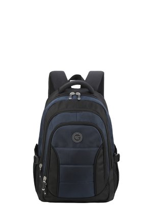 Backpack in navy and black fabric, featuring padded shoulder straps, zipper closures, a front pocket, and a circular logo patch.