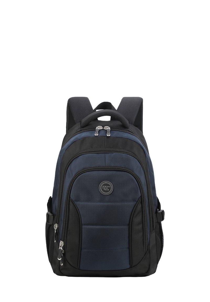 Backpack in navy and black fabric, featuring padded shoulder straps, zipper closures, a front pocket, and a circular logo patch.