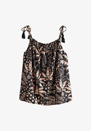 Zwarte mouwloze top met elastische halslijn, voorzien van een botanische print in crèmekleurige en roze tinten. Kwasten versieren de verstelbare banden.