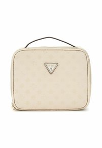 Trousse de maquillage beige de la marque Guess avec motif de logo embossé, poignée supérieure et fermeture zippée. Matière en cuir synthétique doux. Forme rectangulaire.