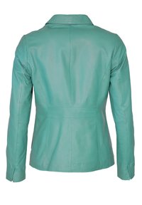 Türkise Lederjacke mit taillierter Passform, Reverskragen und langen Ärmeln. Verfügt über senkrechte Nähte und einen leichten Schlag an der Taille.