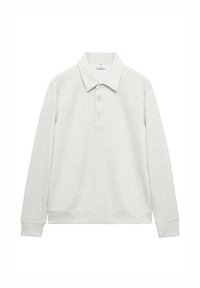 Vaaleanharmaa, pitkähiærinen poolopaita, joka on valmistettu pehmeästä kankaasta. Paidassa on kaulus, kolme nappia sisältävä nappilista sekä resorit hihojen suissa.