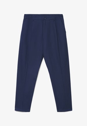 Pantaloni blu navy a gamba stretta con fascia elastica in vita, chiusura con bottone e tasche laterali, mostrati distesi su uno sfondo bianco.
