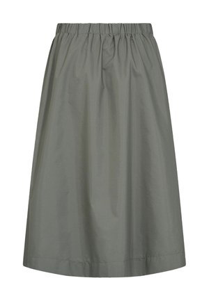 Ein knielanger, olivgrüner Rock aus leichtem Stoff, mit elastischem Bund und glatter Textur. Keine Muster oder Taschen sichtbar.
