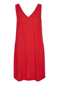Rotes Leinen-Ärmelkleid ohne Ärmel mit V-Ausschnitt, geradem Schnitt und weicher Textur. Einfaches Design ohne sichtbare Muster oder Verzierungen.