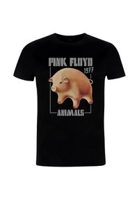 Černé bavlněné tričko s grafikou prasete a textem "PINK FLOYD 1977 ANIMALS" v tučném bílém písmu. Prase je světle růžové a má zaoblený tvar.