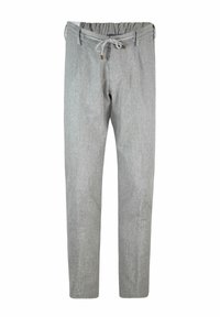 Pantaloni intrecciati grigi chiari con vita elastica, cordino regolabile e gamba dritta. Presentano una texture sottile e nessun motivo visibile.