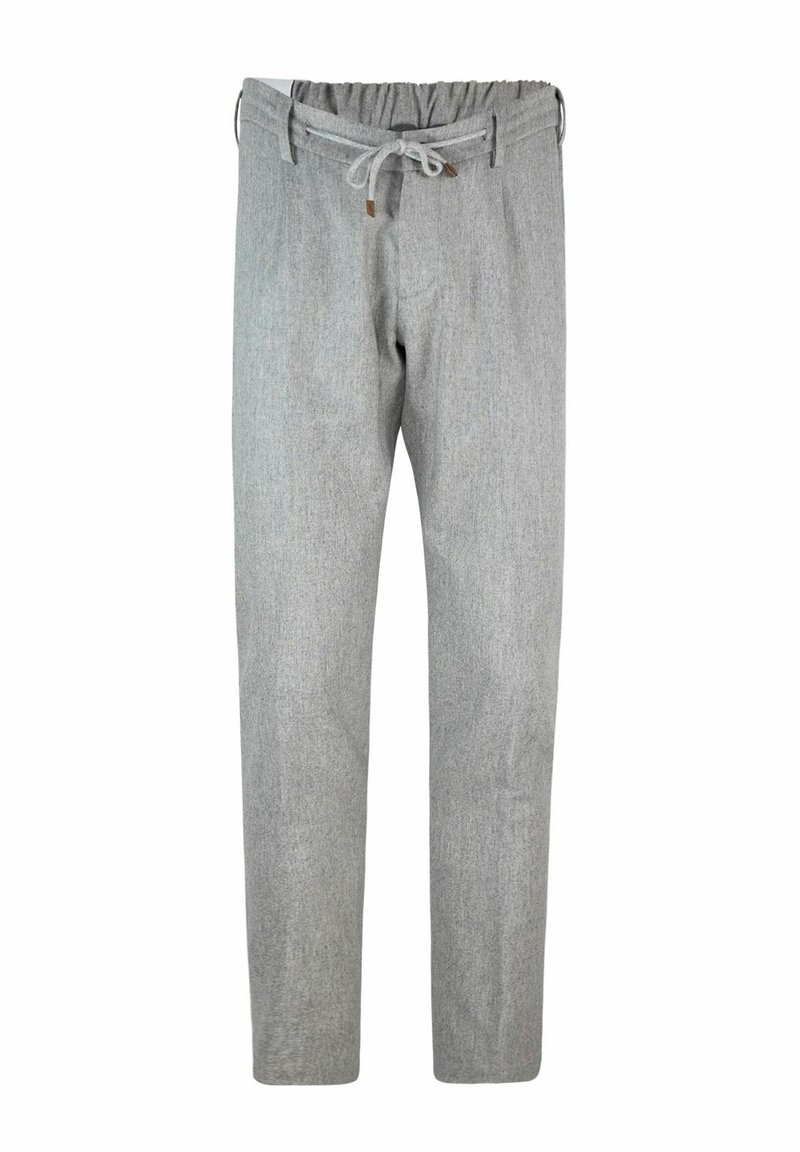 Pantaloni intrecciati grigi chiari con vita elastica, cordino regolabile e gamba dritta. Presentano una texture sottile e nessun motivo visibile.