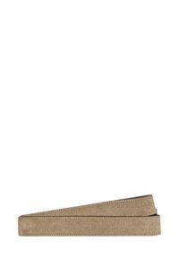 Cintura in suede beige con una texture liscia, caratterizzata da un design piatto e da cuciture sottili lungo i bordi. Le estremità piatte conferiscono un aspetto elegante.